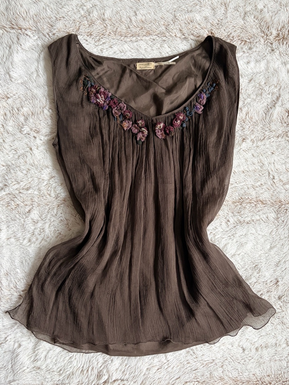 🌸 Vintage Y2K 100% Silk Max Studio Floral Appliqué Sheer Boho Fairycore Top